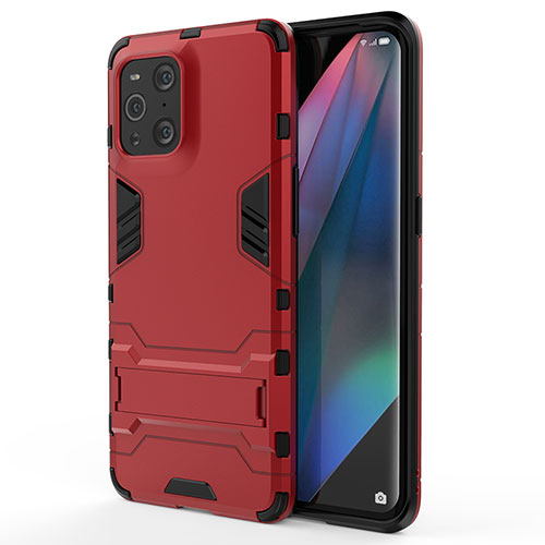 Silicone Matte Finish and Plastic Back Cover Case with Stand for Oppo Find X3 Pro 5G Red
