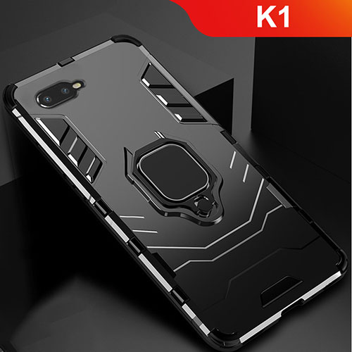 Silicone Matte Finish and Plastic Back Cover Case with Stand for Oppo K1 Black