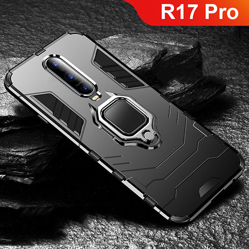 Silicone Matte Finish and Plastic Back Cover Case with Stand for Oppo R17 Pro Black