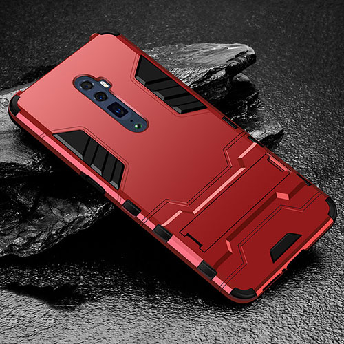 Silicone Matte Finish and Plastic Back Cover Case with Stand for Oppo Reno 10X Zoom Red