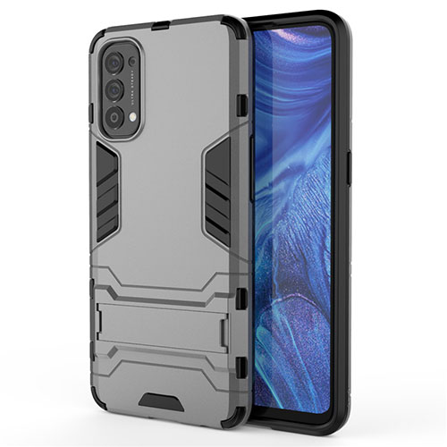 Silicone Matte Finish and Plastic Back Cover Case with Stand for Oppo Reno4 4G Gray