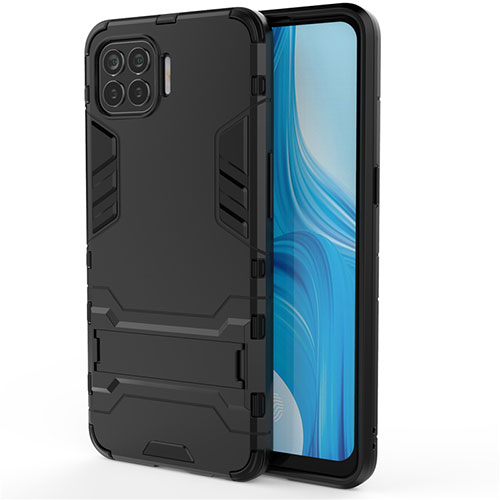 Silicone Matte Finish and Plastic Back Cover Case with Stand for Oppo Reno4 Lite Black