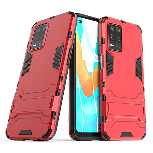 Silicone Matte Finish and Plastic Back Cover Case with Stand for Realme 9 5G India Red