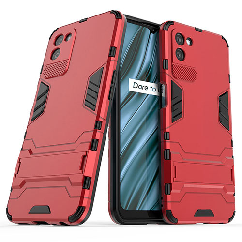 Silicone Matte Finish and Plastic Back Cover Case with Stand for Realme V11s 5G Red