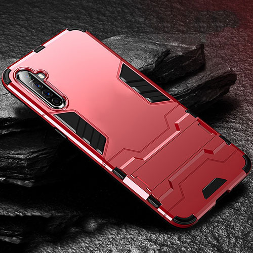Silicone Matte Finish and Plastic Back Cover Case with Stand for Realme XT Red
