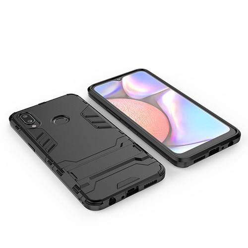 Silicone Matte Finish and Plastic Back Cover Case with Stand for Samsung Galaxy A10s Black