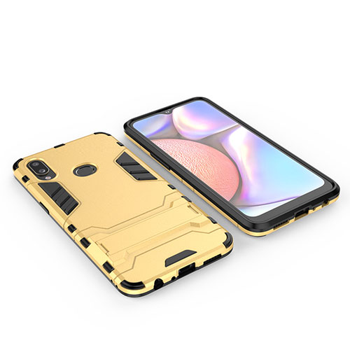 Silicone Matte Finish and Plastic Back Cover Case with Stand for Samsung Galaxy A10s Gold