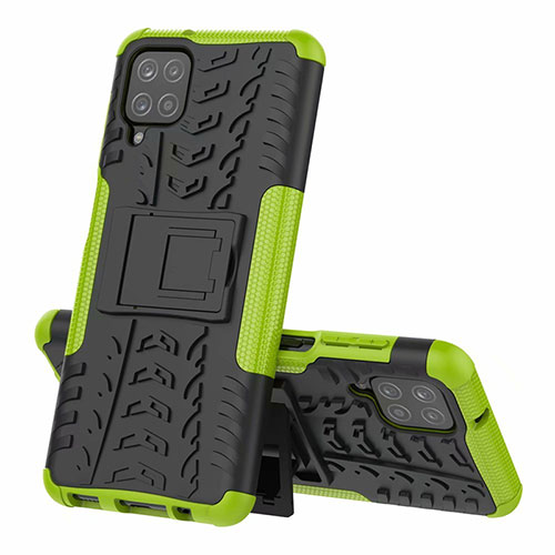 Silicone Matte Finish and Plastic Back Cover Case with Stand for Samsung Galaxy A12 5G Green
