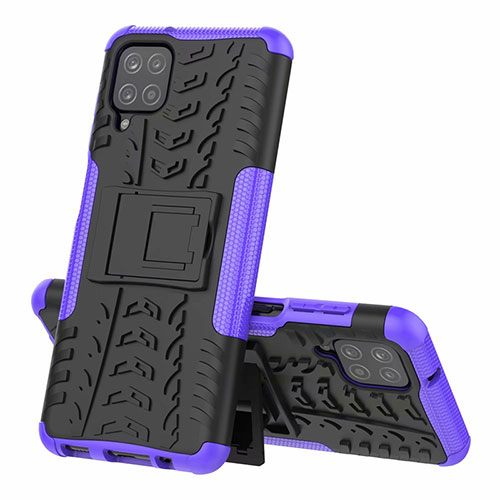 Silicone Matte Finish and Plastic Back Cover Case with Stand for Samsung Galaxy A12 5G Purple