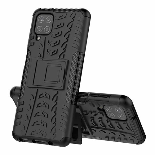 Silicone Matte Finish and Plastic Back Cover Case with Stand for Samsung Galaxy A12 Nacho Black