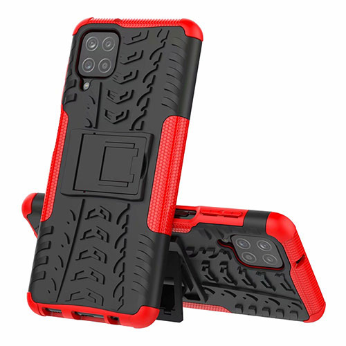 Silicone Matte Finish and Plastic Back Cover Case with Stand for Samsung Galaxy A12 Nacho Red