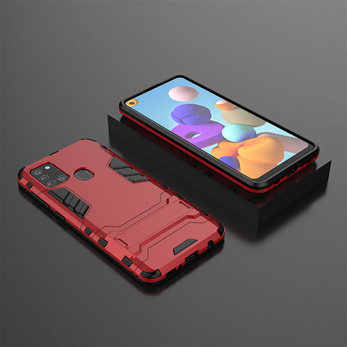 Silicone Matte Finish and Plastic Back Cover Case with Stand for Samsung Galaxy A21s Red