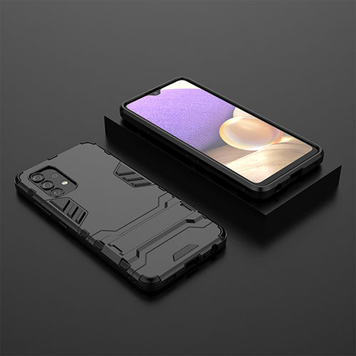 Silicone Matte Finish and Plastic Back Cover Case with Stand for Samsung Galaxy A32 4G Black