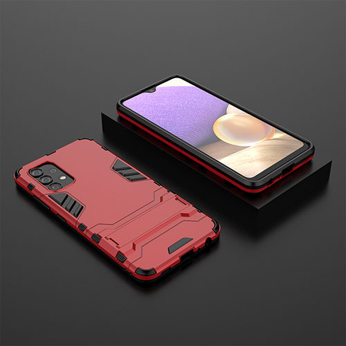 Silicone Matte Finish and Plastic Back Cover Case with Stand for Samsung Galaxy A32 4G Red