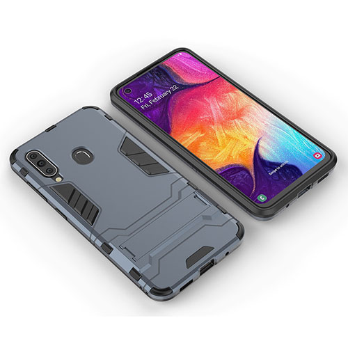 Silicone Matte Finish and Plastic Back Cover Case with Stand for Samsung Galaxy A60 Blue