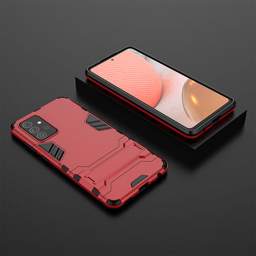 Silicone Matte Finish and Plastic Back Cover Case with Stand for Samsung Galaxy A72 4G Red