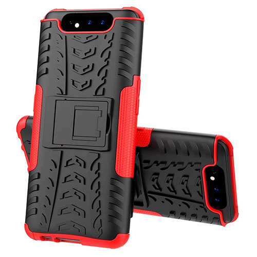 Silicone Matte Finish and Plastic Back Cover Case with Stand for Samsung Galaxy A80 Red