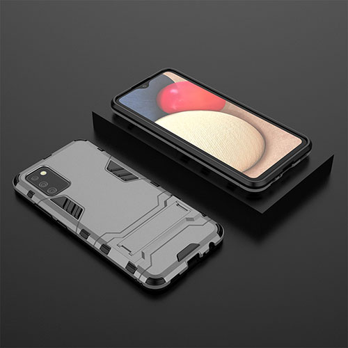 Silicone Matte Finish and Plastic Back Cover Case with Stand for Samsung Galaxy F02S SM-E025F Gray