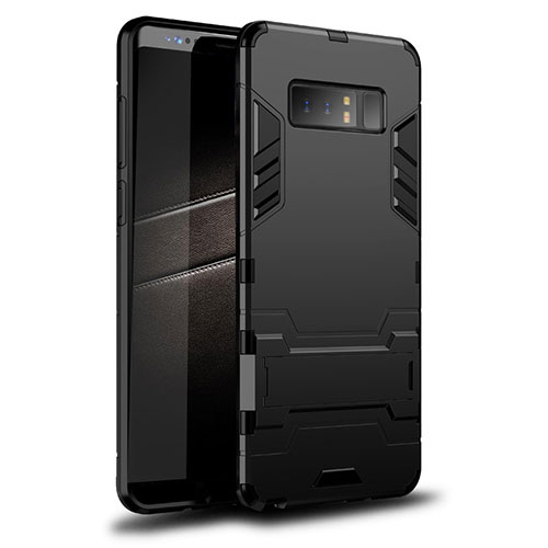 Silicone Matte Finish and Plastic Back Cover Case with Stand for Samsung Galaxy Note 8 Black