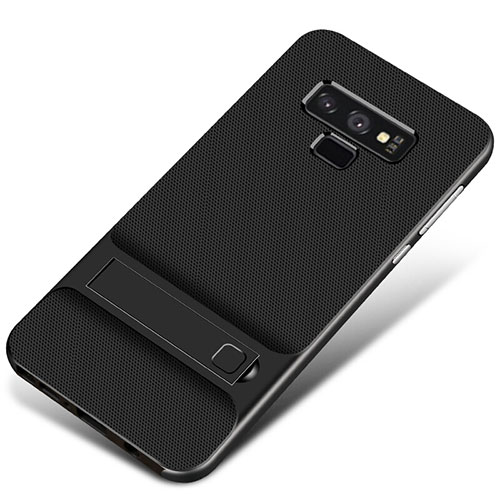 Silicone Matte Finish and Plastic Back Cover Case with Stand for Samsung Galaxy Note 9 Black