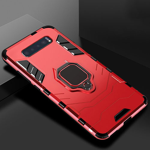 Silicone Matte Finish and Plastic Back Cover Case with Stand for Samsung Galaxy S10 5G Red