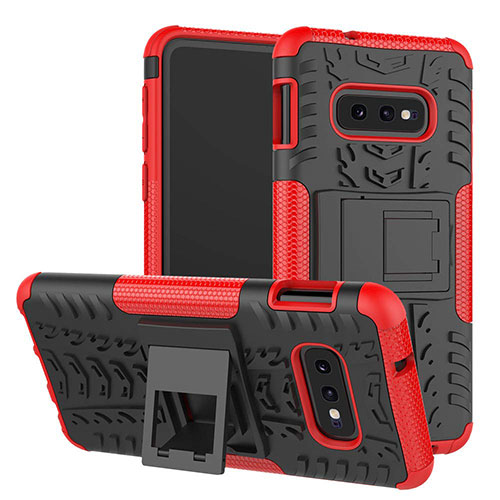 Silicone Matte Finish and Plastic Back Cover Case with Stand for Samsung Galaxy S10e Red