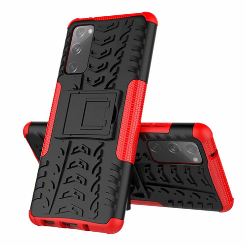 Silicone Matte Finish and Plastic Back Cover Case with Stand for Samsung Galaxy S20 FE 4G Red