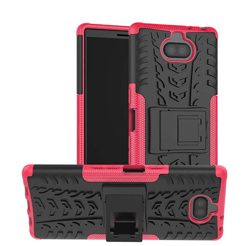 Silicone Matte Finish and Plastic Back Cover Case with Stand for Sony Xperia 10 Plus Hot Pink