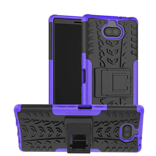 Silicone Matte Finish and Plastic Back Cover Case with Stand for Sony Xperia 10 Purple