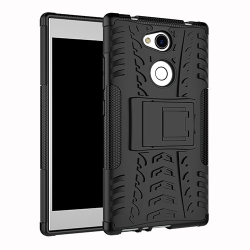 Silicone Matte Finish and Plastic Back Cover Case with Stand for Sony Xperia L2 Black