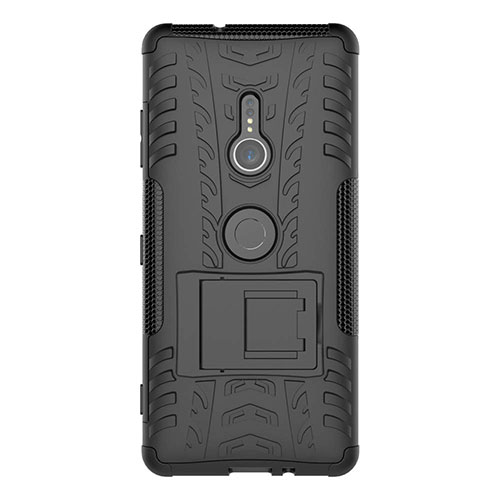 Silicone Matte Finish and Plastic Back Cover Case with Stand for Sony Xperia XZ3 Black