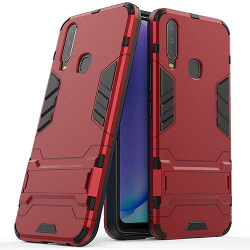 Silicone Matte Finish and Plastic Back Cover Case with Stand for Vivo Y17 Red