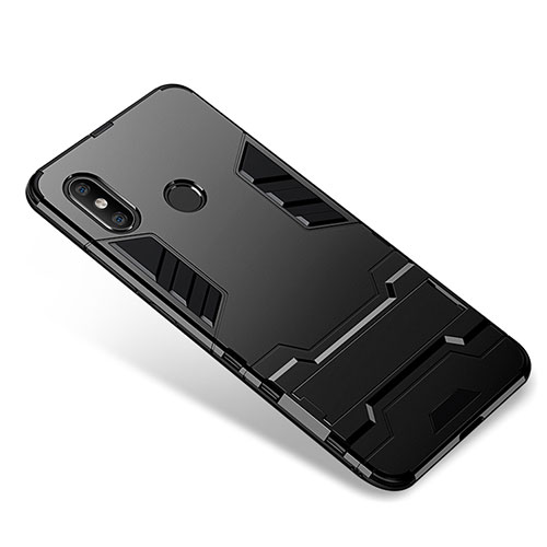 Silicone Matte Finish and Plastic Back Cover Case with Stand for Xiaomi Mi 8 Black