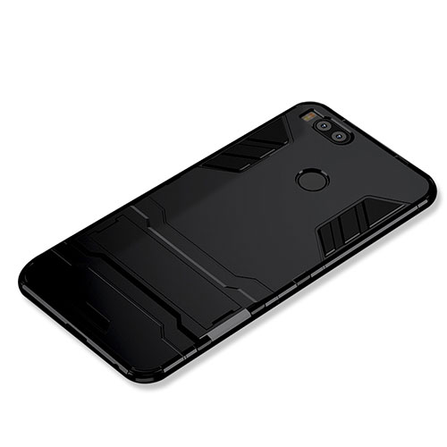 Silicone Matte Finish and Plastic Back Cover Case with Stand for Xiaomi Mi A1 Black