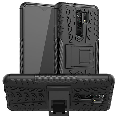 Silicone Matte Finish and Plastic Back Cover Case with Stand for Xiaomi Poco M2 Black