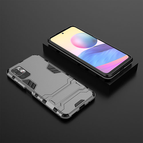 Silicone Matte Finish and Plastic Back Cover Case with Stand for Xiaomi POCO M3 Pro 5G Gray