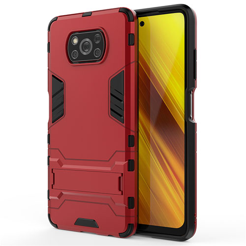 Silicone Matte Finish and Plastic Back Cover Case with Stand for Xiaomi Poco X3 Pro Red