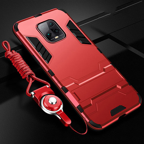 Silicone Matte Finish and Plastic Back Cover Case with Stand for Xiaomi Redmi 10X Pro 5G Red