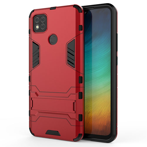 Silicone Matte Finish and Plastic Back Cover Case with Stand for Xiaomi Redmi 9C Red