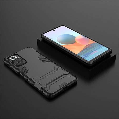 Silicone Matte Finish and Plastic Back Cover Case with Stand for Xiaomi Redmi Note 10 Pro 4G Black