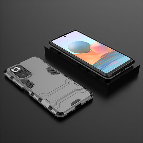 Silicone Matte Finish and Plastic Back Cover Case with Stand for Xiaomi Redmi Note 10 Pro 4G Gray