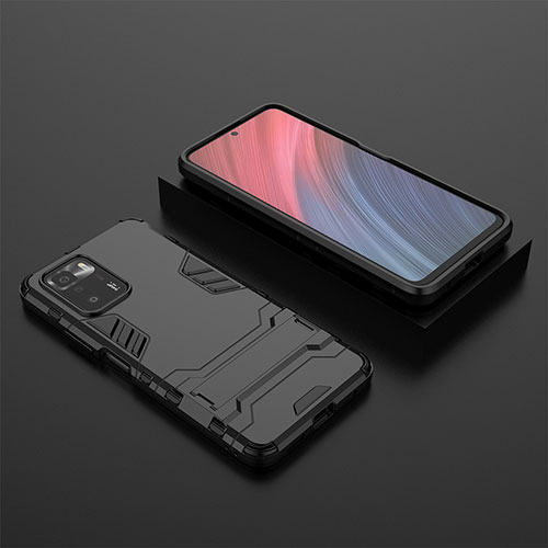 Silicone Matte Finish and Plastic Back Cover Case with Stand for Xiaomi Redmi Note 10 Pro 5G Black