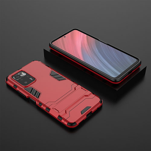 Silicone Matte Finish and Plastic Back Cover Case with Stand for Xiaomi Redmi Note 10 Pro 5G Red