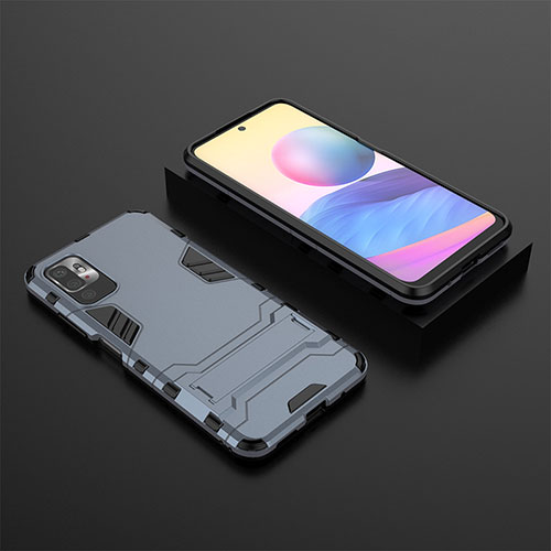 Silicone Matte Finish and Plastic Back Cover Case with Stand for Xiaomi Redmi Note 11 SE 5G Blue