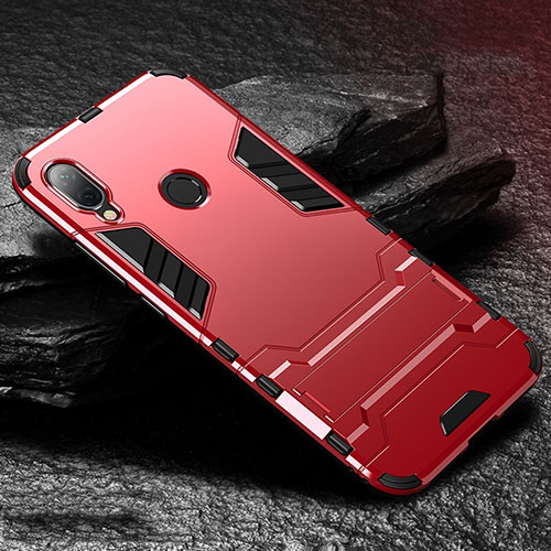 Silicone Matte Finish and Plastic Back Cover Case with Stand for Xiaomi Redmi Note 7 Red