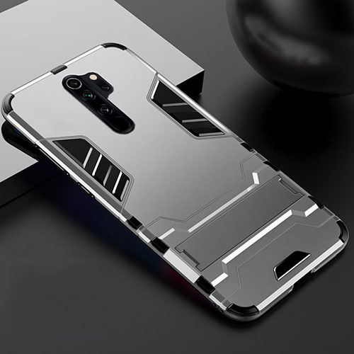 Silicone Matte Finish and Plastic Back Cover Case with Stand for Xiaomi Redmi Note 8 Pro Silver