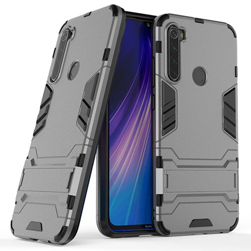 Silicone Matte Finish and Plastic Back Cover Case with Stand for Xiaomi Redmi Note 8T Gray