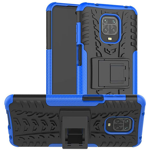 Silicone Matte Finish and Plastic Back Cover Case with Stand for Xiaomi Redmi Note 9S Blue