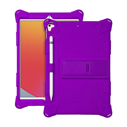 Silicone Matte Finish and Plastic Back Cover Case with Stand H01 for Apple iPad 10.2 (2021) Purple