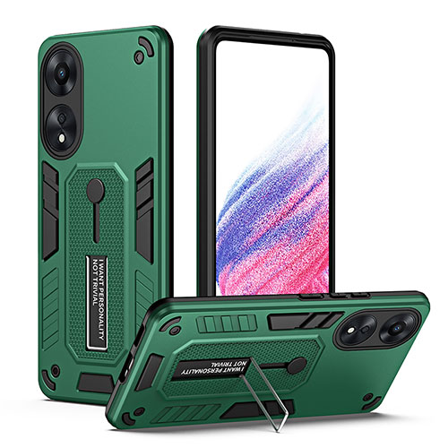 Silicone Matte Finish and Plastic Back Cover Case with Stand H01P for Oppo A58 5G Green